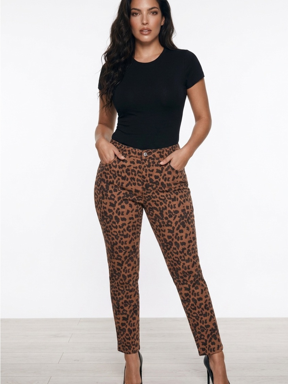 High-Rise Leopard Print Skinny Pants - Brown/Black